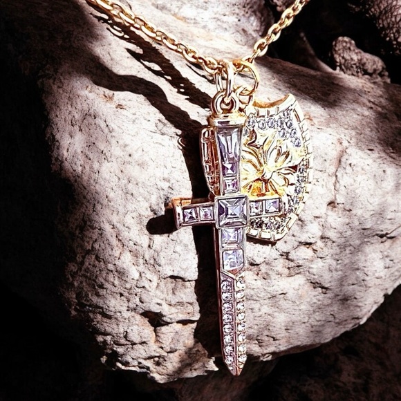 Sparkling Gold Toned Cross Sword Necklace with Shield DND Paladin - Picture 13 of 17